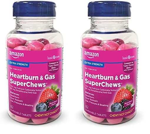 Amazon Basic Care Heartburn & Gas SuperChews Chewable Tablets, Mixed Berry, 82 Count (Previously SoundHealth)