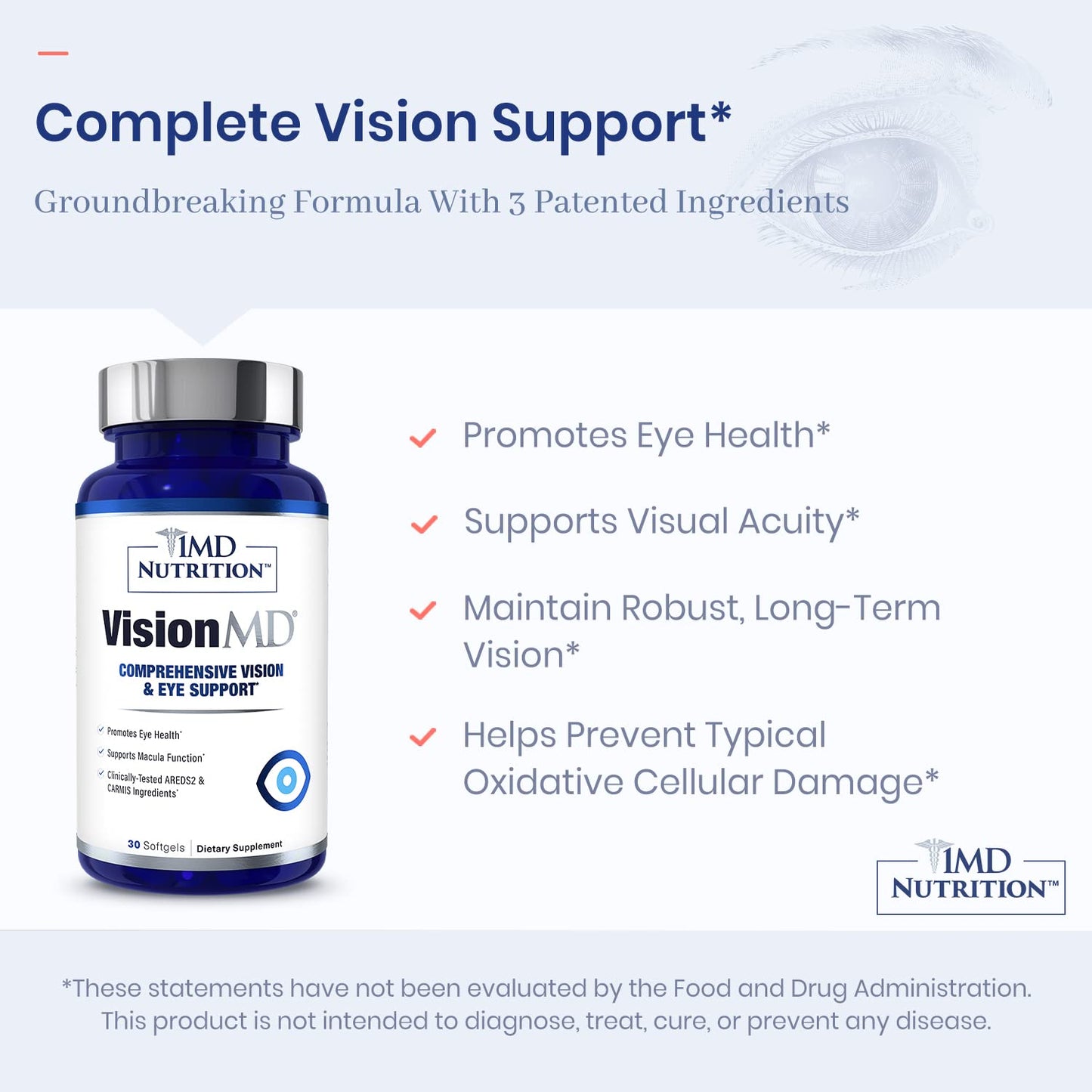 1MD Nutrition VisionMD Eye Vitamin CARMIS - Eye Supplement for Adults - with OptiLut Lutein & Zeaxanthin - Supports Vision Health Care, Everyday Eye Strain, & Occasional Dry Eye - 30 Softgels