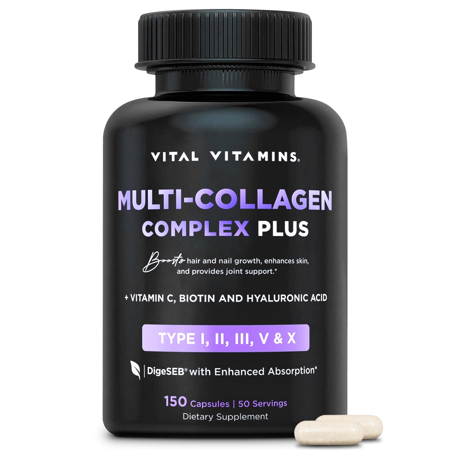 Vital Vitamins Multi Collagen Peptides (2-Pack) - for Women & Men - Hydrolyzed Types I, II, III, V, X - Grass-Fed, Non-GMO - 300 Capsules