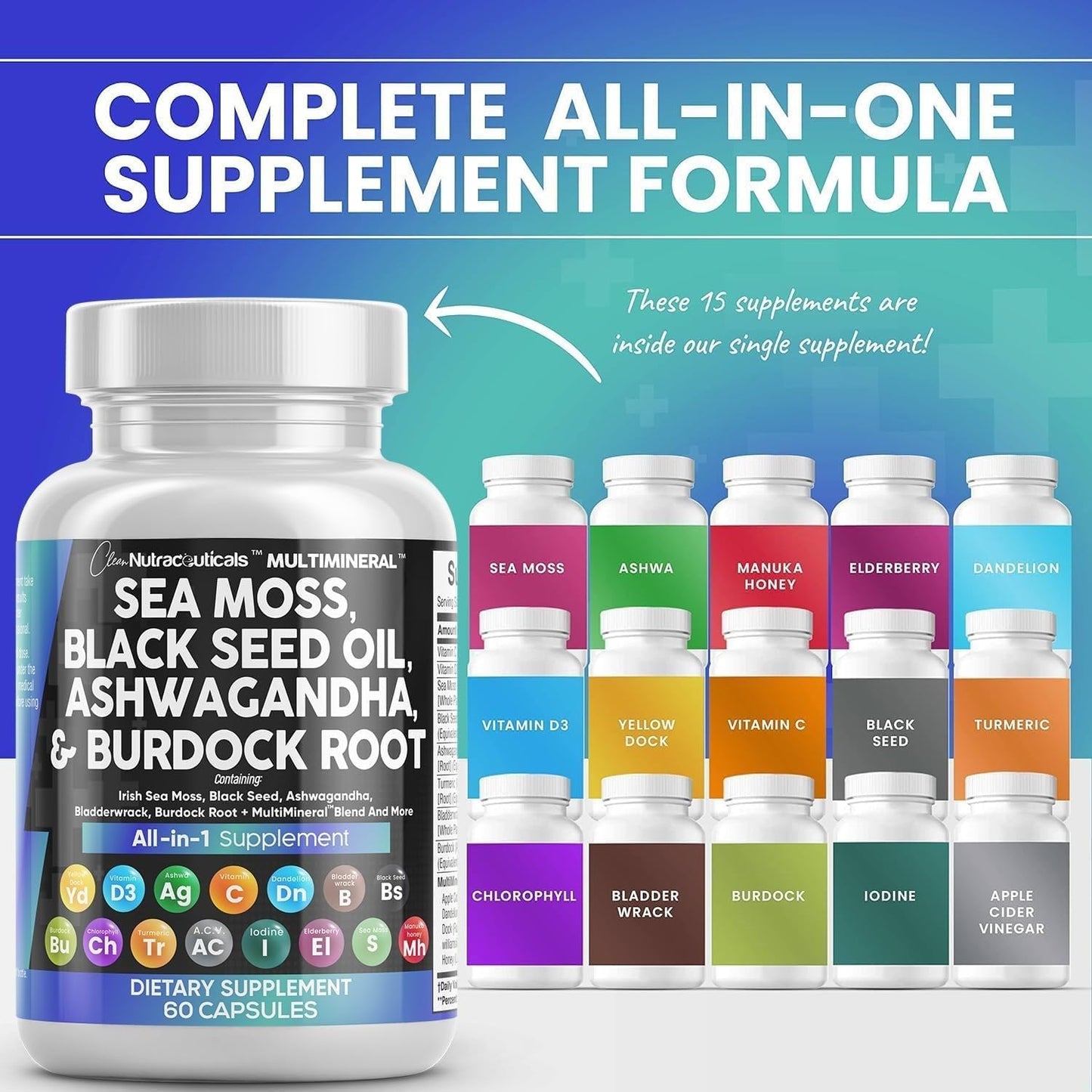 Clean Nutraceuticals Sea Moss Black Seed Oil Ashwagandha Turmeric Bladderwrack Burdock & Vitamin C Vitamin D3 with Elderberry Manuka Dandelion Yellow Dock Iodine Chlorophyll ACV