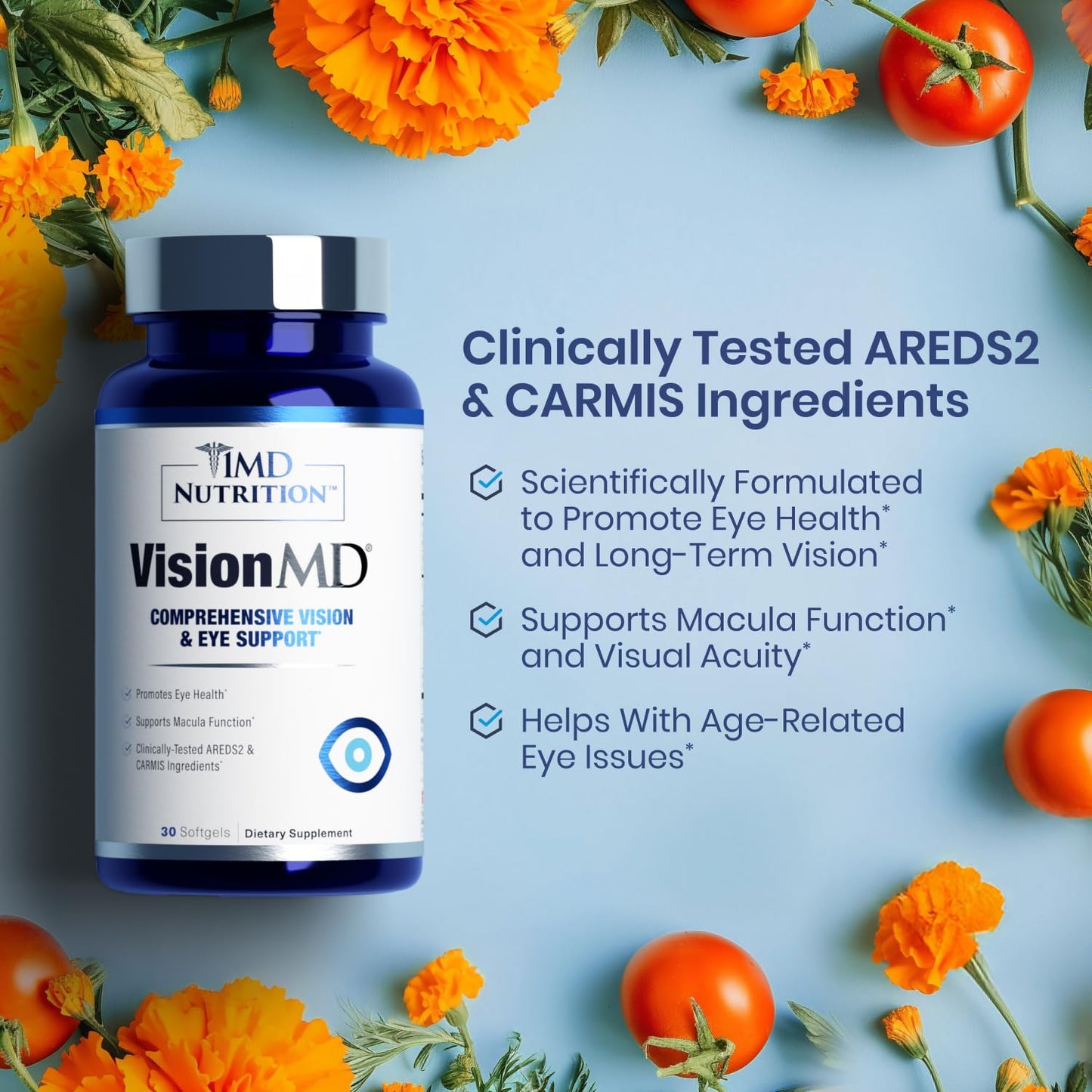 1MD Nutrition VisionMD Eye Vitamin CARMIS - Eye Supplement for Adults - with OptiLut Lutein & Zeaxanthin - Supports Vision Health Care, Everyday Eye Strain, & Occasional Dry Eye - 30 Softgels