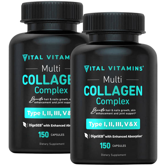 Vital Vitamins Multi Collagen Peptides (2-Pack) - for Women & Men - Hydrolyzed Types I, II, III, V, X - Grass-Fed, Non-GMO - 300 Capsules