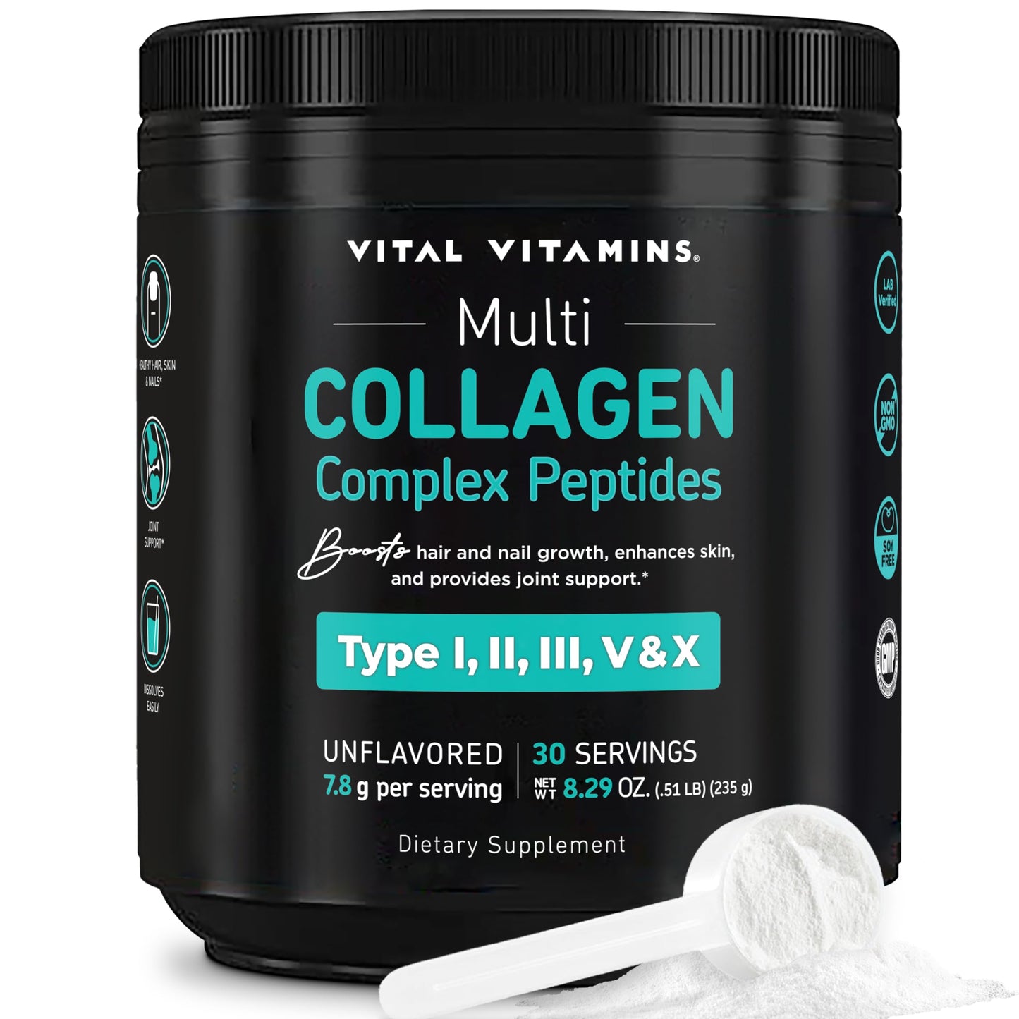 Vital Vitamins Multi Collagen Peptides (2-Pack) - for Women & Men - Hydrolyzed Types I, II, III, V, X - Grass-Fed, Non-GMO - 300 Capsules