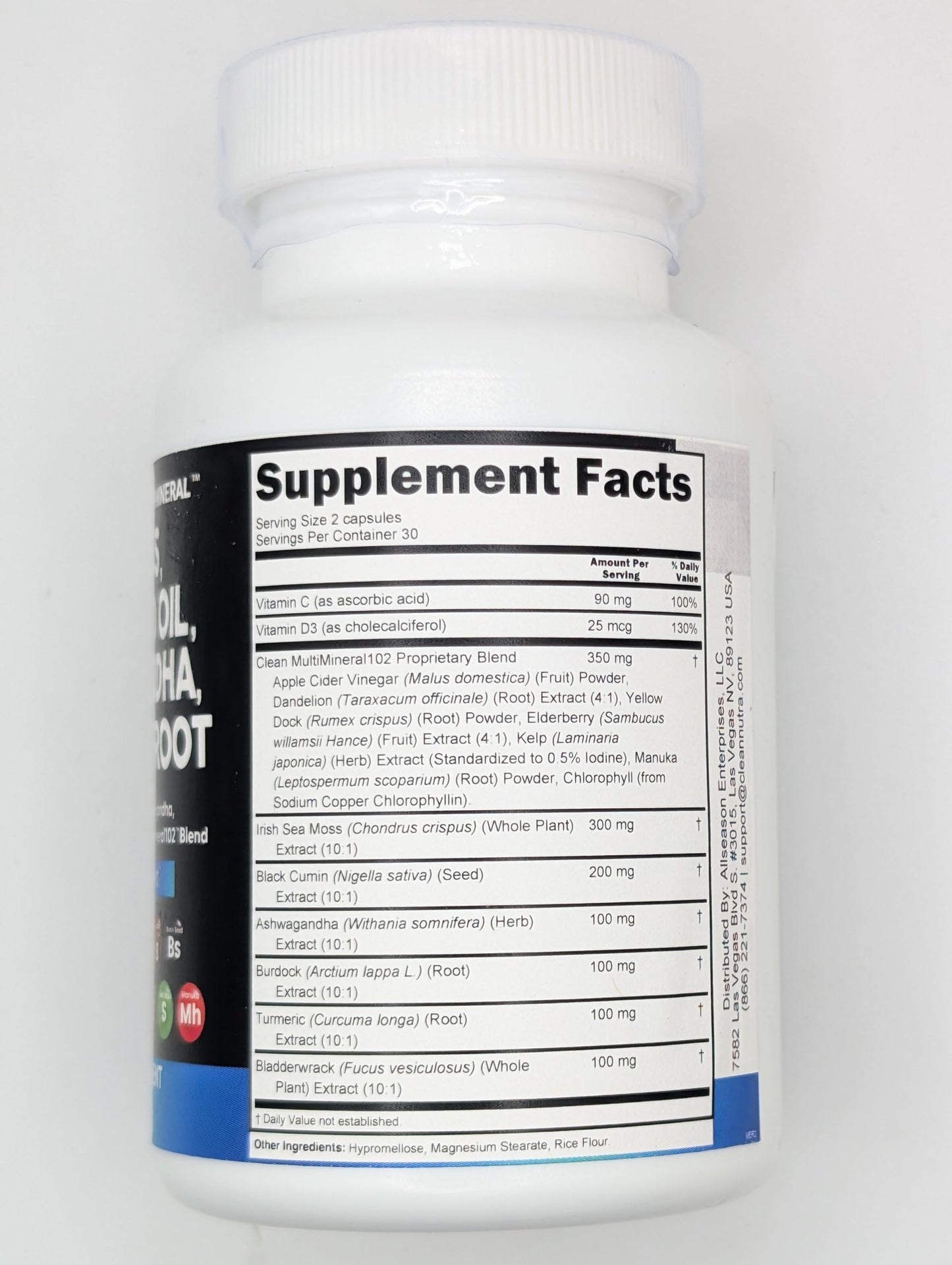 Clean Nutraceuticals Sea Moss Black Seed Oil Ashwagandha Turmeric Bladderwrack Burdock & Vitamin C Vitamin D3 with Elderberry Manuka Dandelion Yellow Dock Iodine Chlorophyll ACV